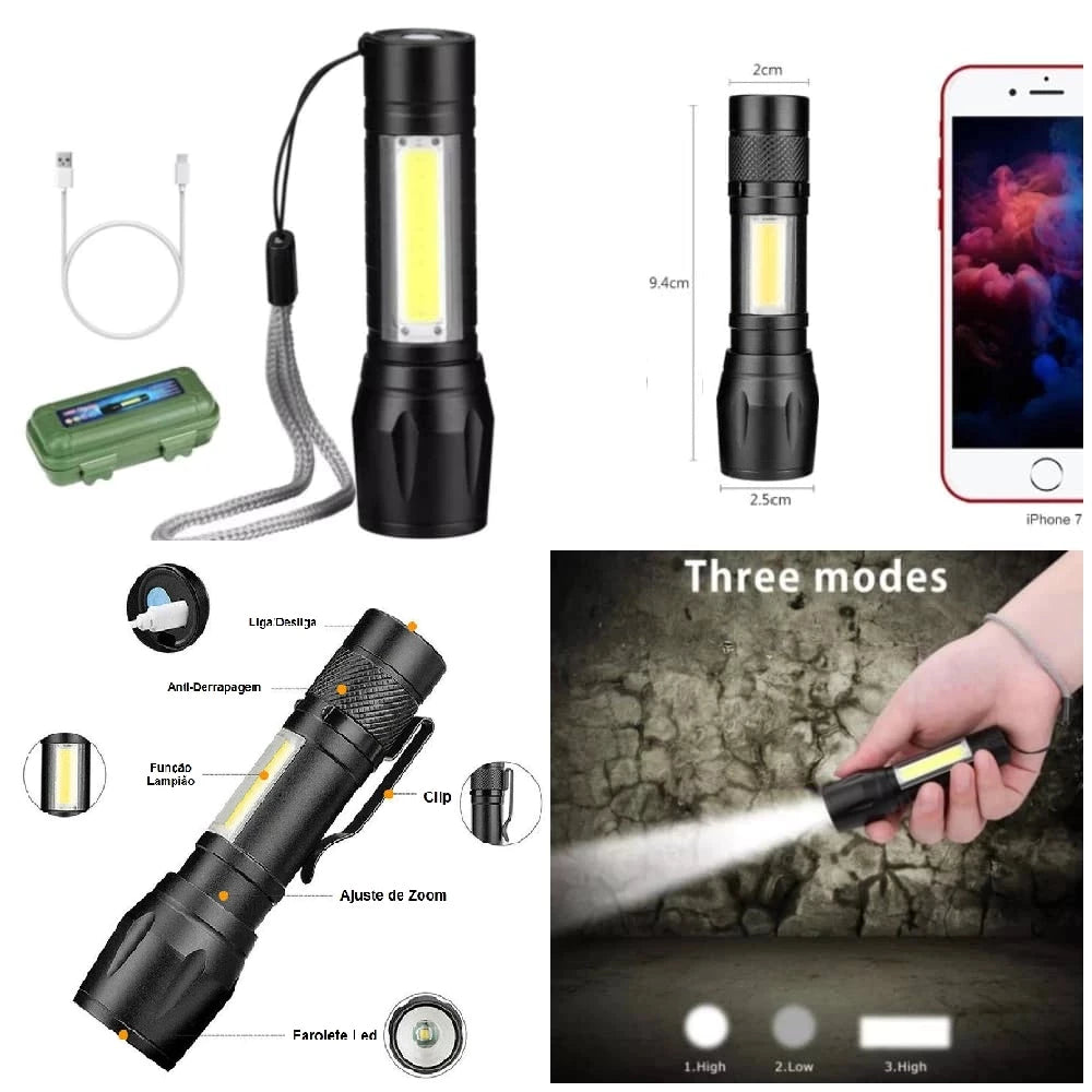 Mini Lanterna Tática Com Led E Zoom Recarregável Usb Lanterna De Mao